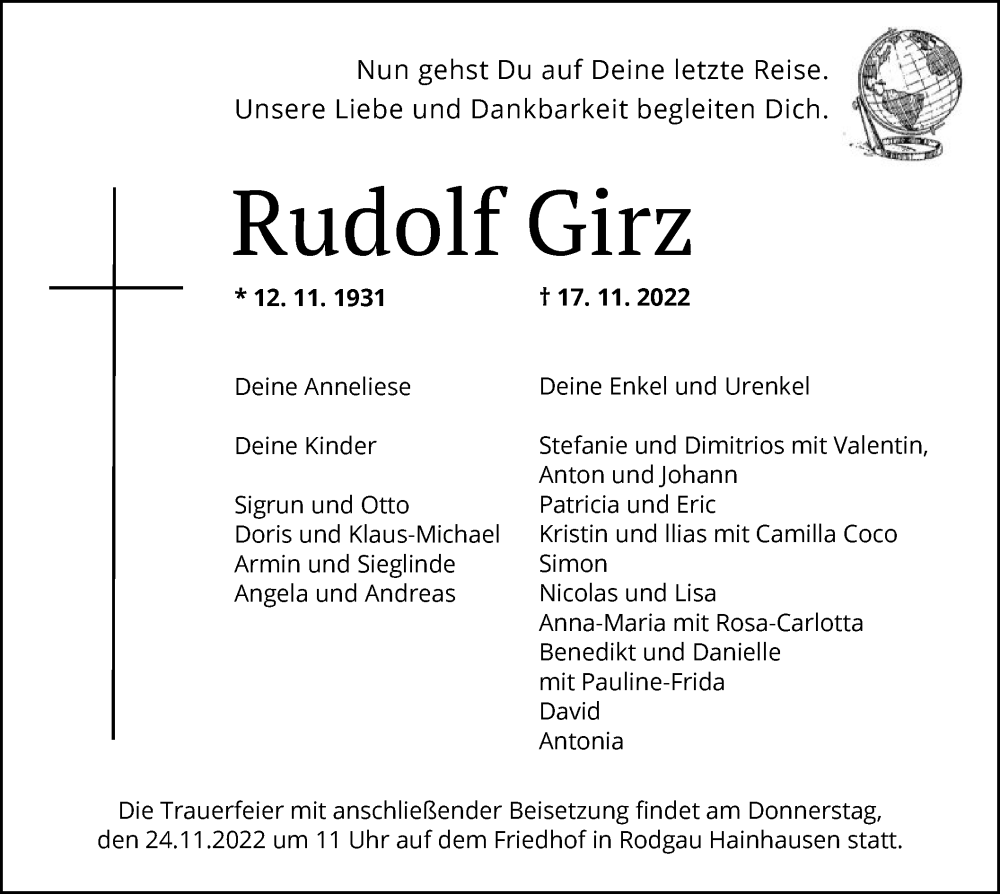  Traueranzeige für Rudolf Girz vom 23.11.2022 aus OF