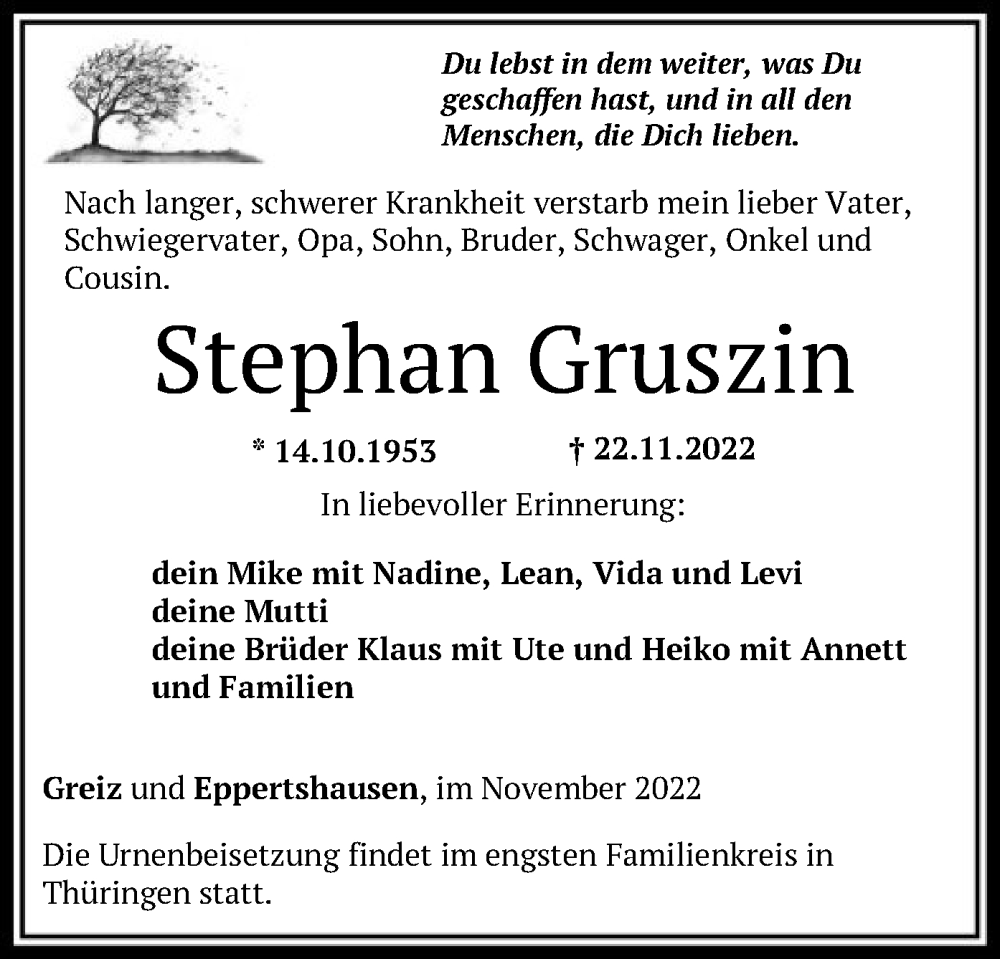  Traueranzeige für Stephan Gruszin vom 30.11.2022 aus OF