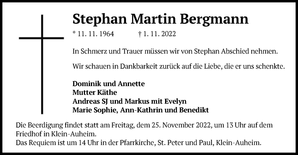  Traueranzeige für Stephan Martin Bergmann vom 19.11.2022 aus OF