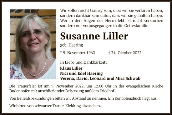 Traueranzeige von Susanne Liller von OF