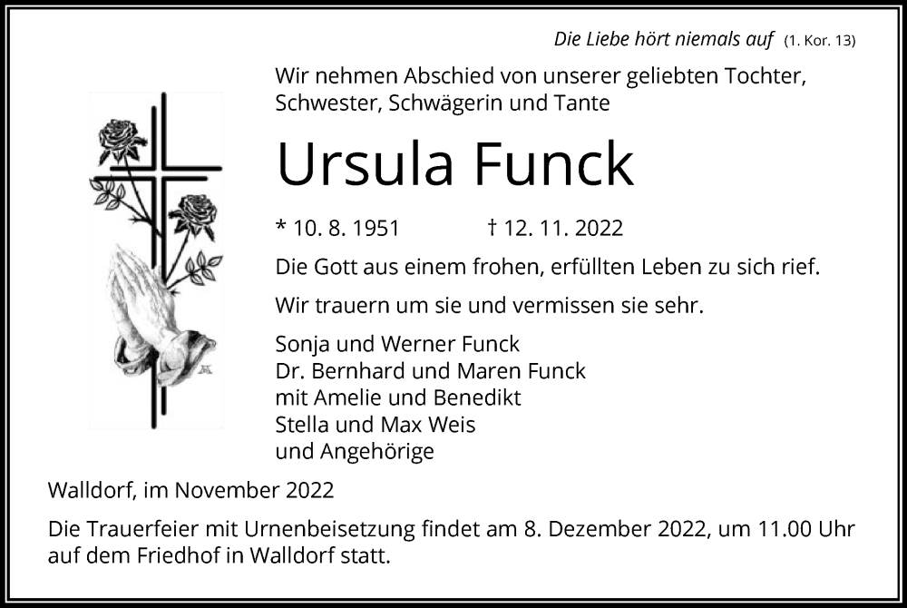  Traueranzeige für Ursula Funck vom 24.11.2022 aus OF