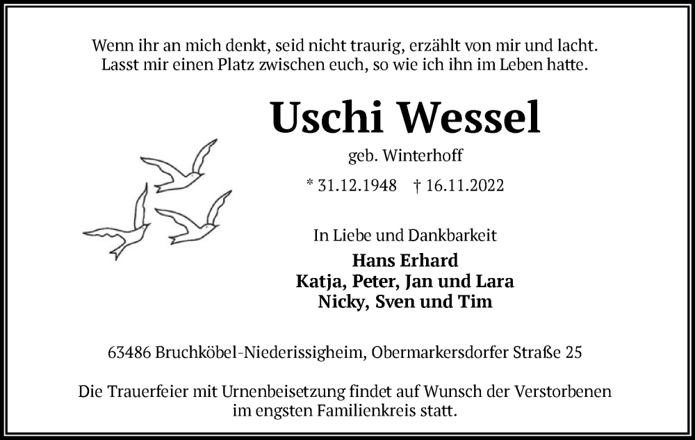  Traueranzeige für Uschi Wessel vom 19.11.2022 aus OF