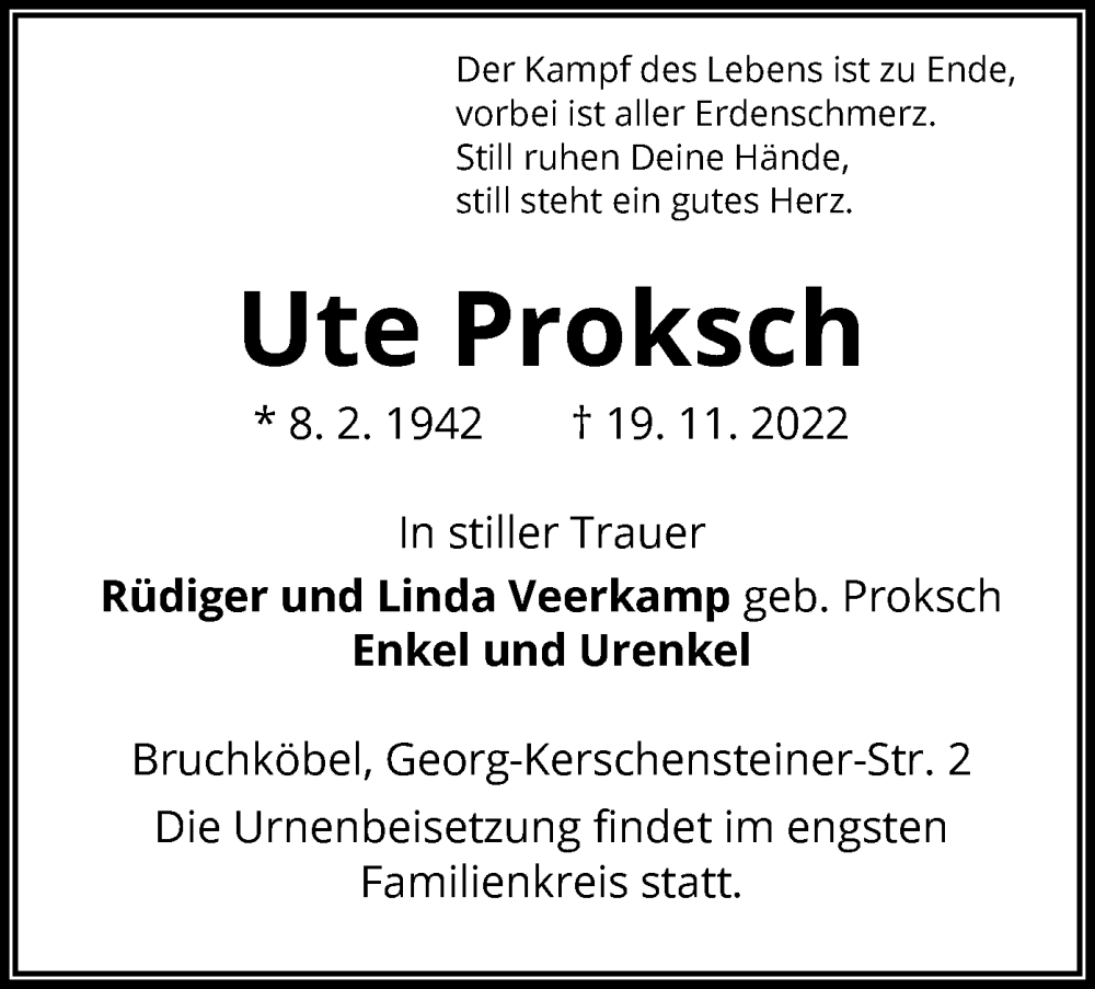  Traueranzeige für Ute Proksch vom 23.11.2022 aus OF