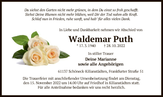 Traueranzeige von Waldemar Puth von OF