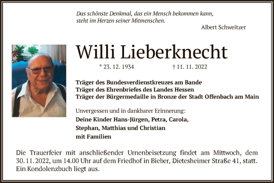 Traueranzeige von Willi Lieberknecht von OF