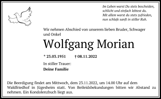 Traueranzeige von Wolfgang Morian von OF