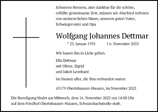 Traueranzeige von Wolfgang Johannes Dettmar von OF