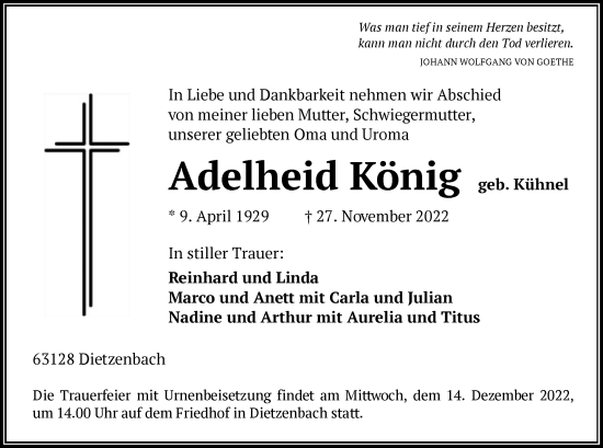 Traueranzeige von Adelheid König von OF