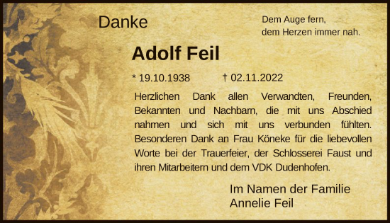 Traueranzeige von Adolf Feil von OF