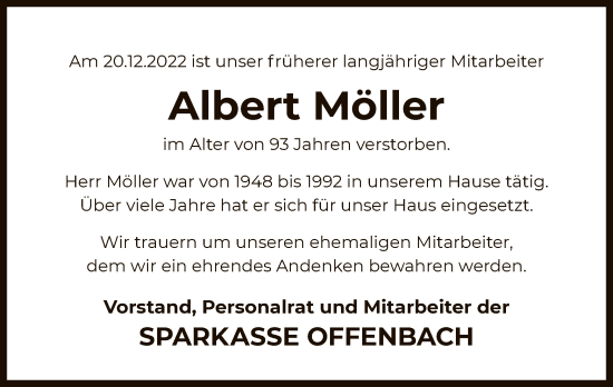 Traueranzeige von Albert Möller von OF