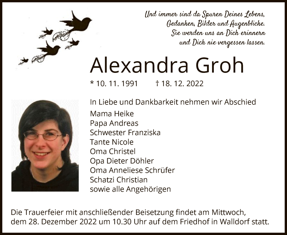  Traueranzeige für Alexandra Groh vom 22.12.2022 aus OF