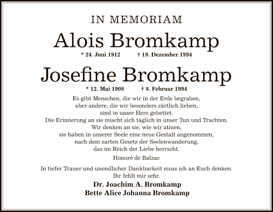 Traueranzeige von Alois und Josefine Bromkamp von OF