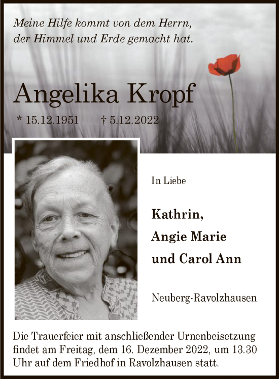 Traueranzeige von Angelika Kropf von OF