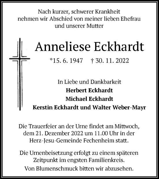 Traueranzeige von Anneliese Eckhardt von OF