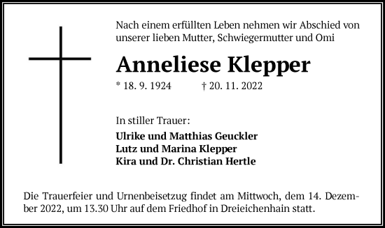 Traueranzeige von Anneliese Klepper von OF