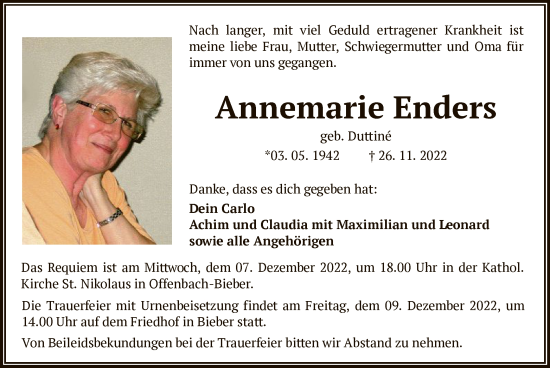 Traueranzeige von Annemarie Enders von OF