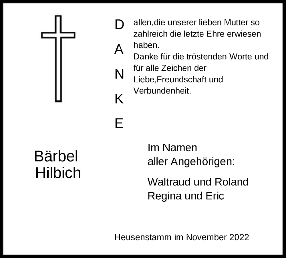  Traueranzeige für Bärbel Hilbich vom 07.12.2022 aus OF