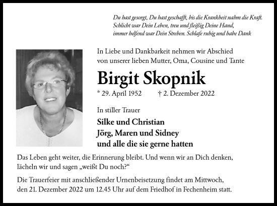 Traueranzeige von Birgit Skopnik von OF