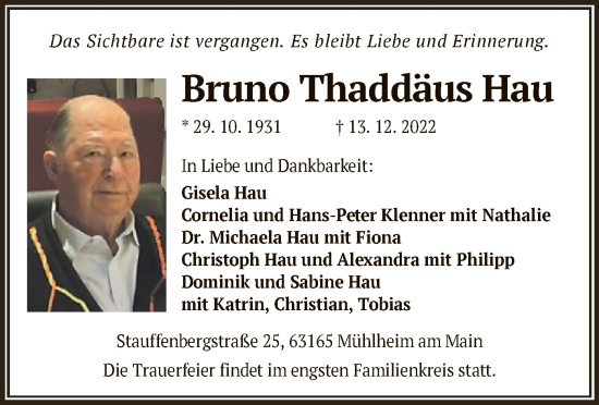 Traueranzeige von Bruno Thaddäus Hau von OF