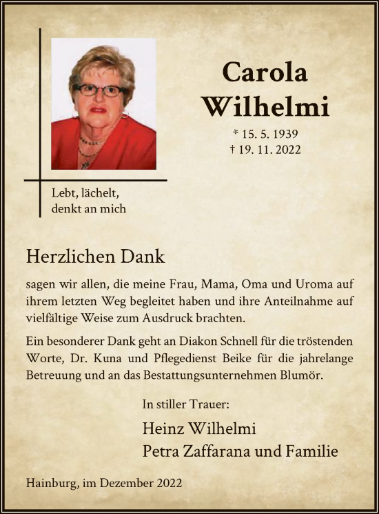 Traueranzeige von Carola Wilhelmi von OF