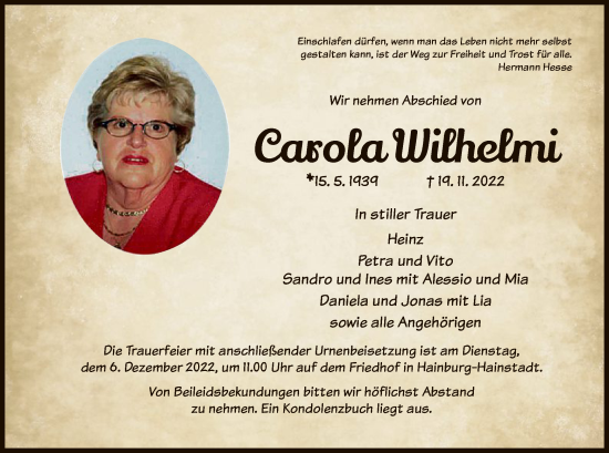 Traueranzeige von Carola Wilhelmi von OF