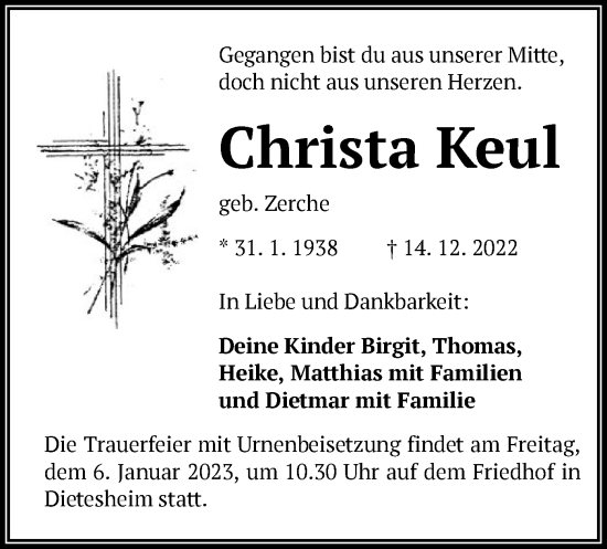 Traueranzeige von Christa Keul von OF