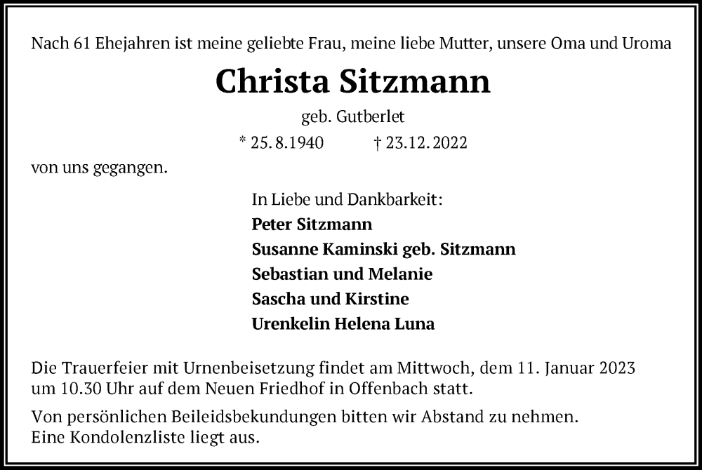  Traueranzeige für Christa Sitzmann vom 31.12.2022 aus OF