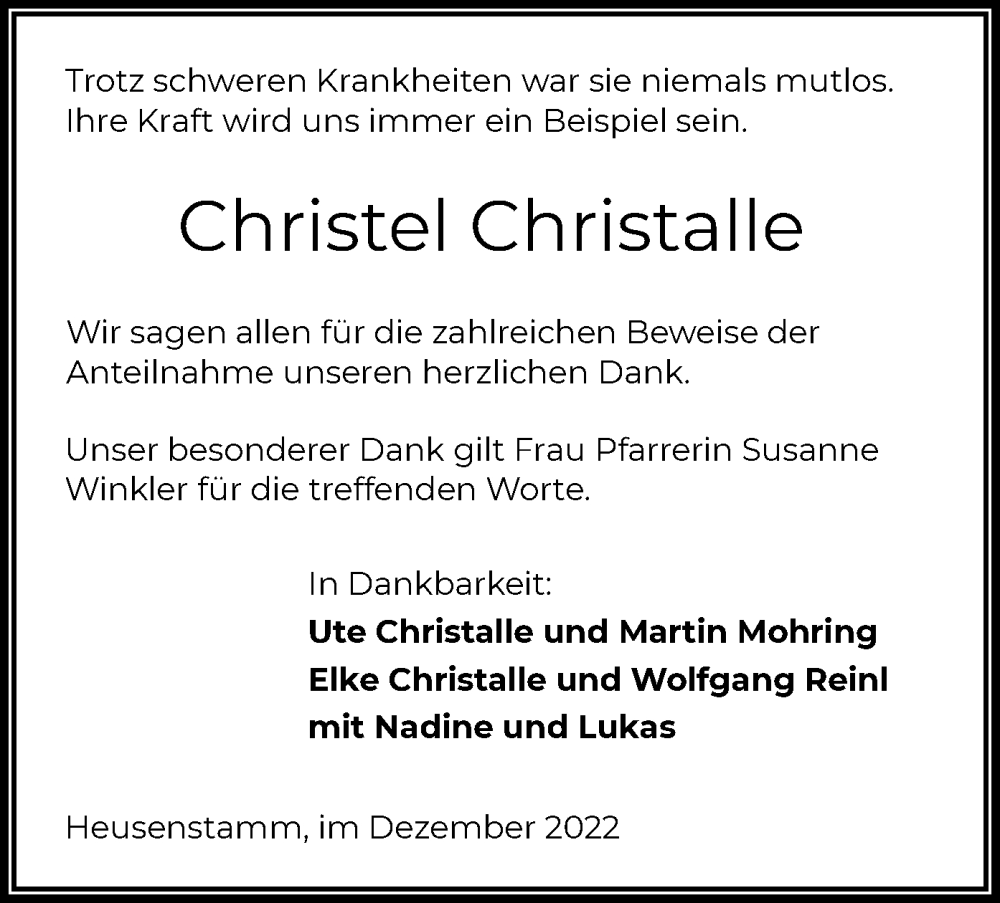  Traueranzeige für Christel Christalle vom 17.12.2022 aus OF
