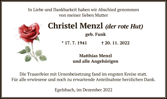 Traueranzeige von Christel Menzl von OF