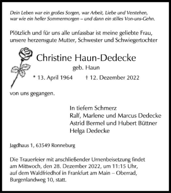 Traueranzeige von Christine Haun-Dedecke von OF