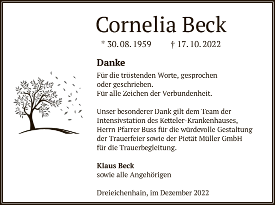 Traueranzeige von Cornelia Beck von OF