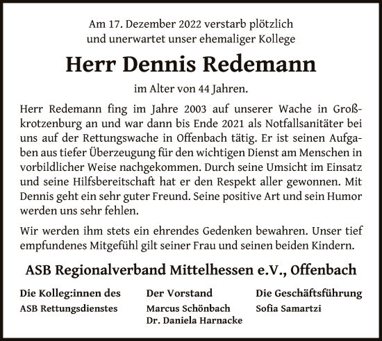 Traueranzeige von Dennis Redemann von OF