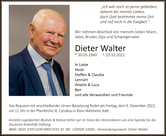 Traueranzeige von Dieter Walter von OF