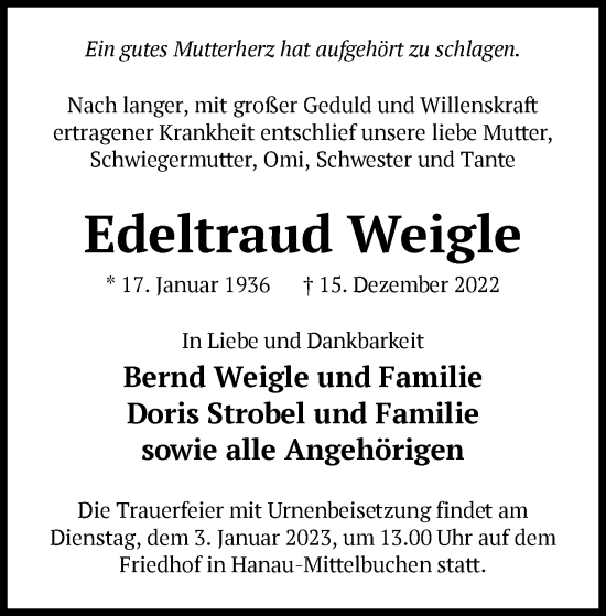 Traueranzeige von Edeltraud Weigle von OF