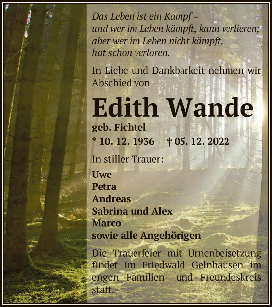 Traueranzeige von Edith Wande von OF