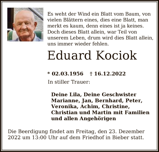 Traueranzeige von Eduard Kociok von OF