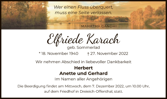 Traueranzeige von Elfriede Karach von OF