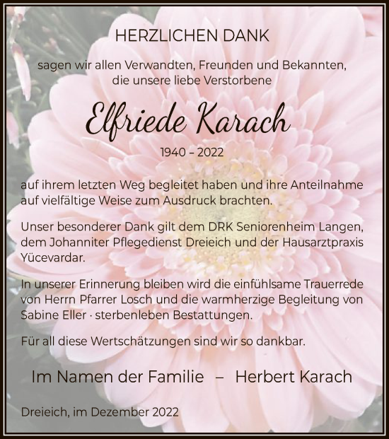 Traueranzeige von Elfriede Karach von OF