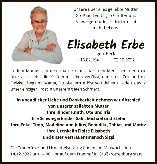 Traueranzeige von Elisabeth Erbe von OF