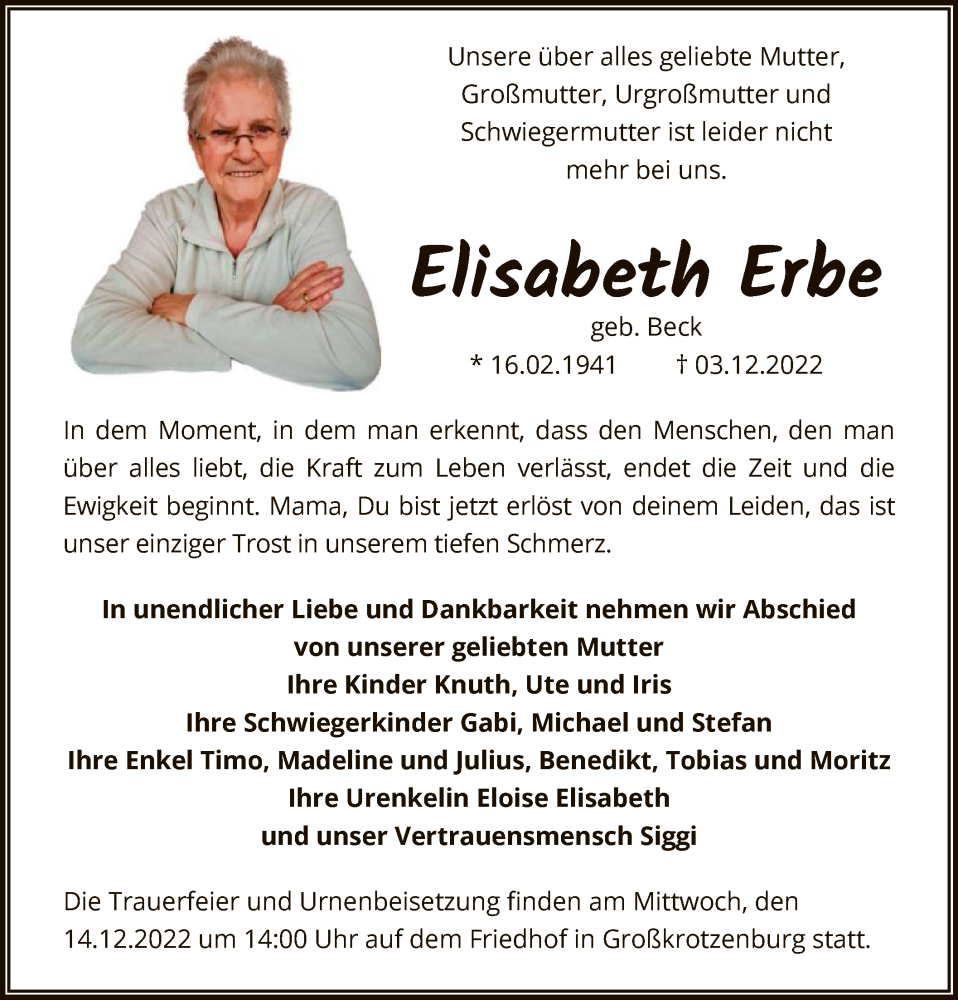  Traueranzeige für Elisabeth Erbe vom 10.12.2022 aus OF