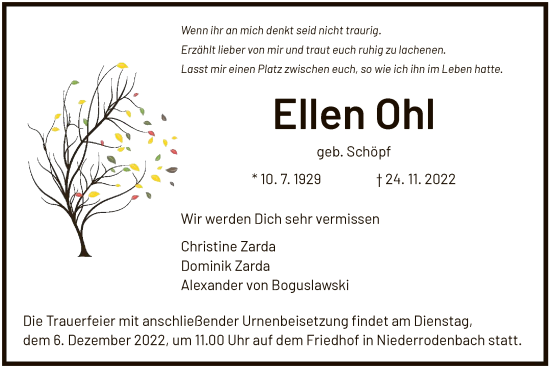 Traueranzeige von Ellen Ohl von OF