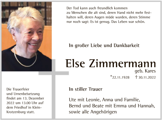 Traueranzeige von Else Zimmermann von OF