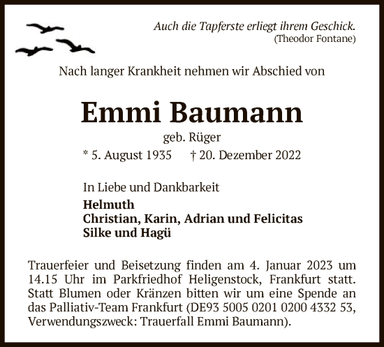 Traueranzeige von Emmi Baumann von OF