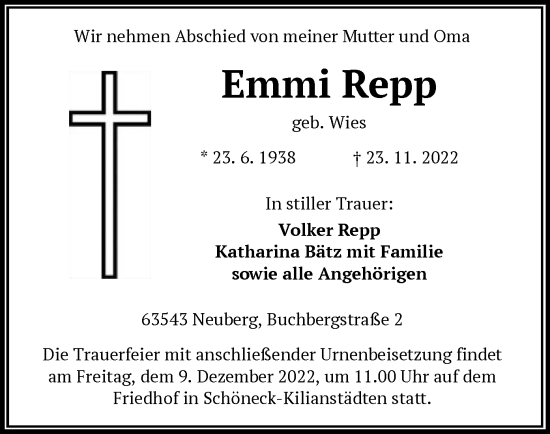 Traueranzeige von Emmi Repp von OF