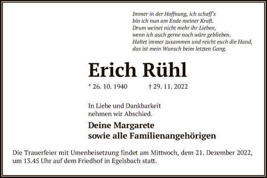 Traueranzeige von Erich Rühl von OF