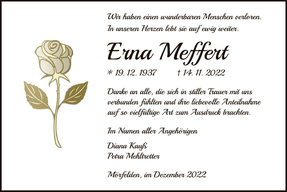  Traueranzeige für Erna Meffert vom 08.12.2022 aus OF