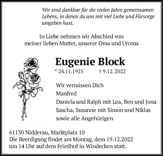 Traueranzeige von Eugenie Block von OF