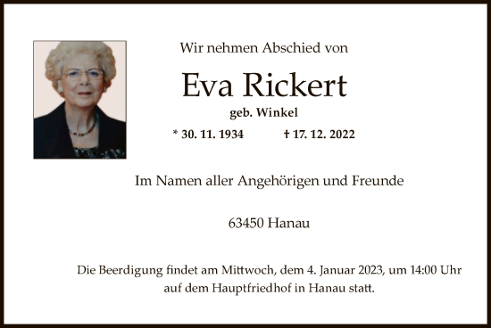 Traueranzeige von Eva Rickert von OF