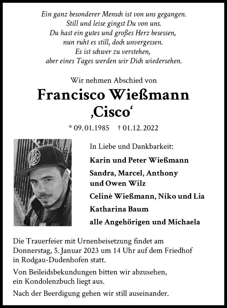  Traueranzeige für Francisco Wießmann vom 31.12.2022 aus OF