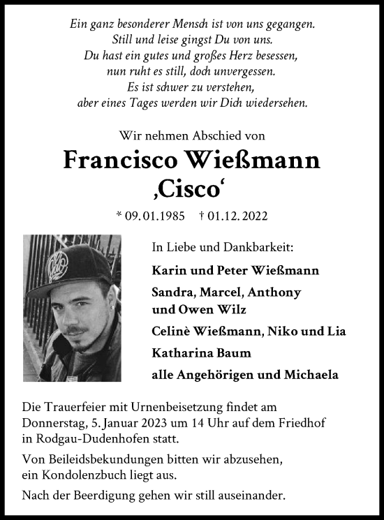 Traueranzeige von Francisco Wießmann von OF